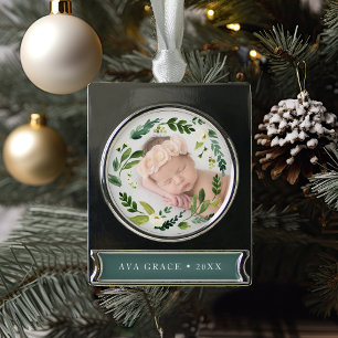 Alabaster Floral Wreath Photo Silver Plated Banner Ornament