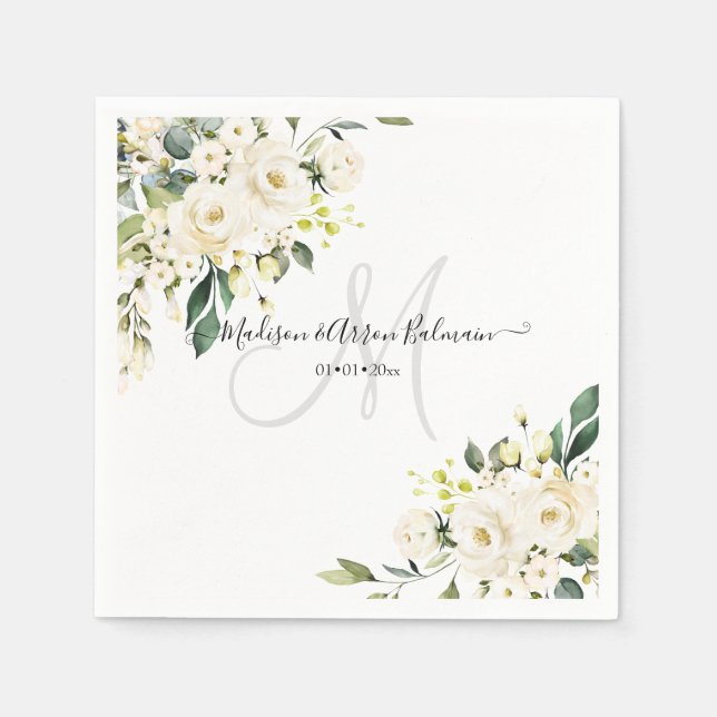 Alabaster Roses Monogram Floral Watercolor Napkin (Front)