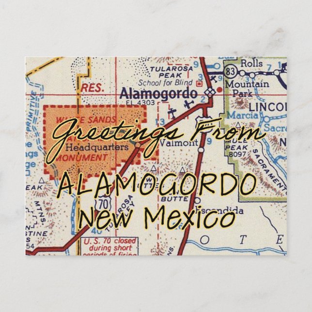 Alamogordo NM Vintage Map Postcard (Front)