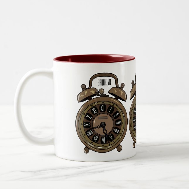 Alarm clock cartoon illustration Two-Tone coffee mug (Left)