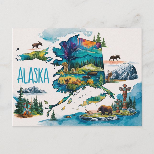 Alaska : A Vibrant Watercolor Exploration Postcard (Front)