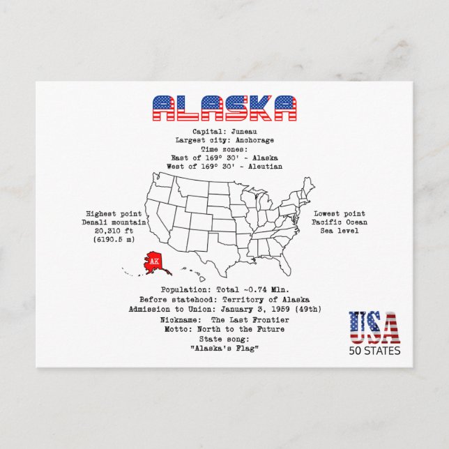 Alaska American state on a map and useful info Holiday Postcard (Front)