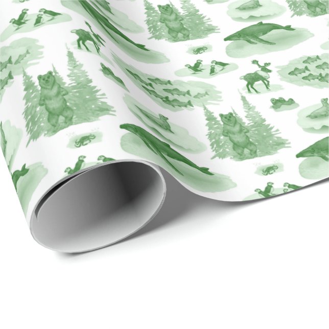 Alaska Animal Toile (Emerald Green) Wrapping Paper (Roll Corner)