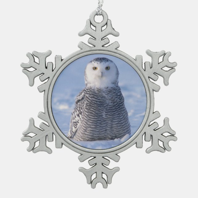 Alaska Arctic Snowy Owl Winter Scene Photo Design Snowflake Pewter Christmas Ornament (Front)