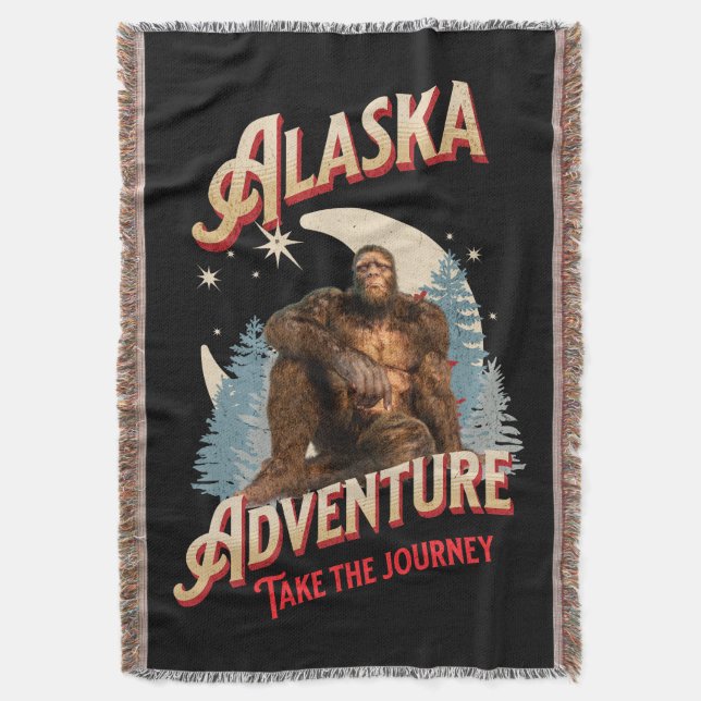 Alaska Bigfoot Adventure Retro Wilderness Art Throw Blanket (Front Vertical)