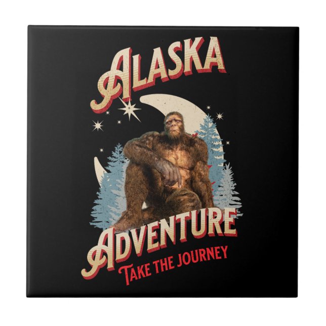 Alaska Bigfoot Adventure Retro Wilderness Art Tile (Front)