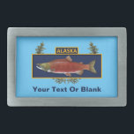 Alaska Combat Fisherman Badge Rectangular Belt Buckle<br><div class="desc">Based on a common military award the Combat Fisherman Badge commemorates surviving combat fishing in Alaska. It features a Sockeye Salmon, in spawning red coloration, on a dark blue background, over a conifer branch wreath. Text reading "ALASKA" is located at the top of the image. Add your own additional text....</div>