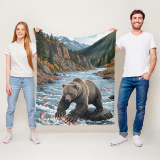 Alaska Grizzly Bear River Salmon Fishing Fleece Blanket