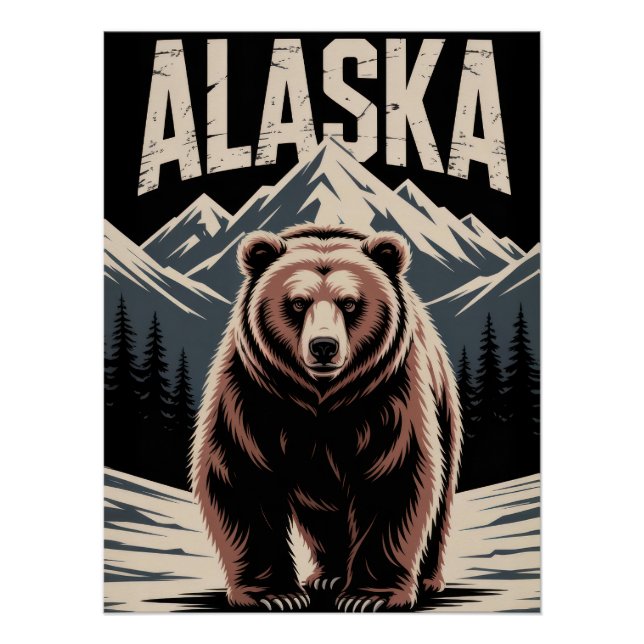 Alaska Grizzly Bear & Snowy Mountains - Rustic Poster (Front)
