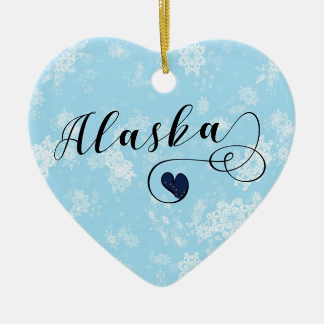 Alaska Heart, Christmas Tree Ornament, Alaskan Ceramic Tree Decoration (Front)