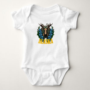 Alaska Moose And Alpine Myosotis Flowers Baby Bodysuit