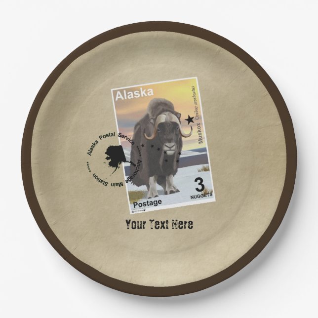 Alaska Muskox Postage Stamp Souvenir Paper Plate (Front)