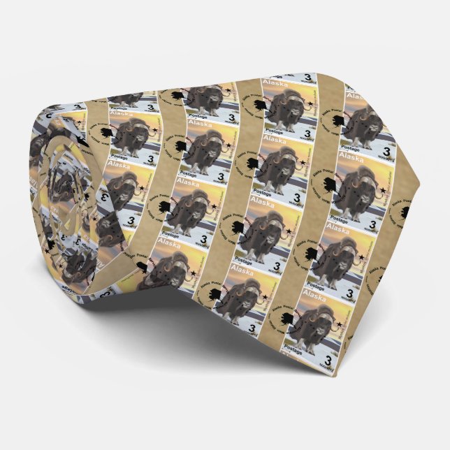 Alaska Muskox Postage Stamp Souvenir Tie (Rolled)