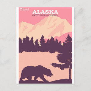Alaska Nature Bear Pink Vintage Travel Poster Post Postcard