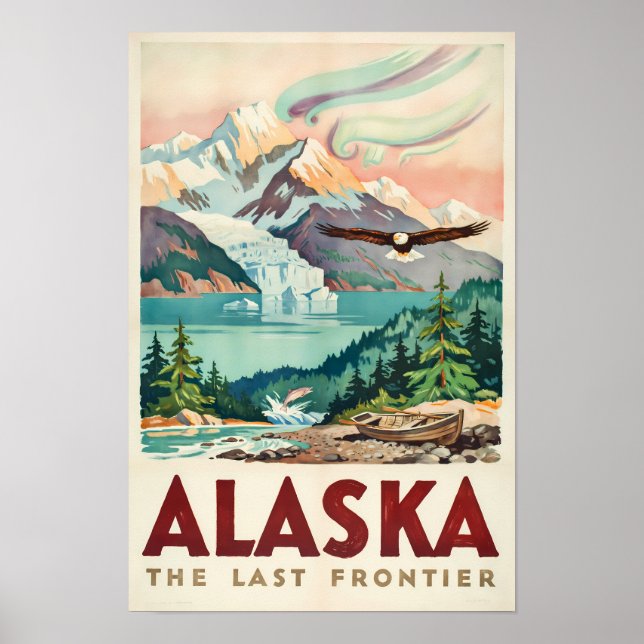 Alaska Northern Lights Bald Eagle Illustration Poster (Front)