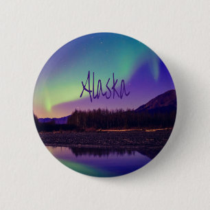 Alaska Northern Lights Mountains Lake 6 Cm Round Badge