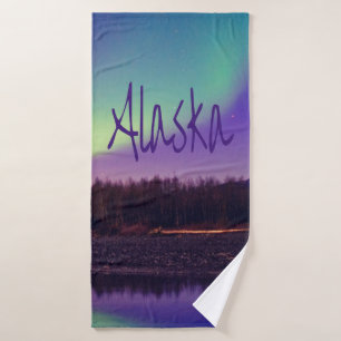 Alaska Northern Lights Mountains Lake Bath Towel