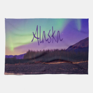 Alaska Northern Lights Mountains Lake Tea Towel