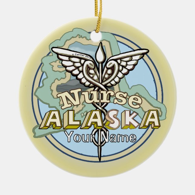 Alaska Nurse Caduceus Ceramic Tree Decoration (Front)