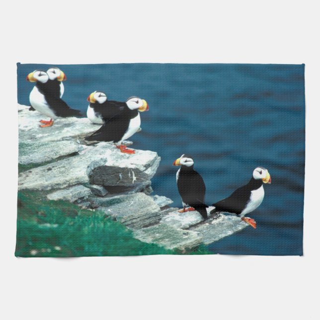 Alaska Puffins Feathered Colourful Birds Tea Towel (Horizontal)