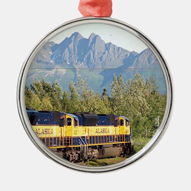 Alaska Railroad locomotive engine & mountains Metal Tree Decoration (Front)