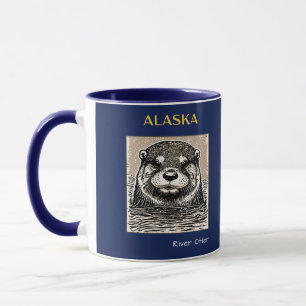 Alaska River Otter Portrait Blue and Gold Mug