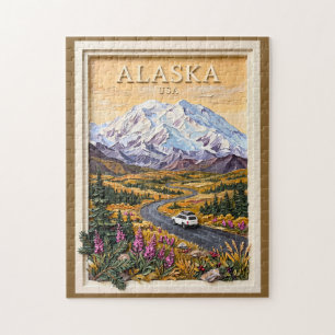 Alaska Road Trip Vintage Snow Mountains Landscape Jigsaw Puzzle