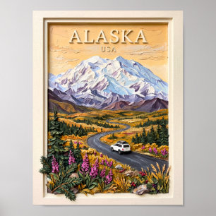 Alaska Road Trip Vintage Snow Mountains Landscape Poster