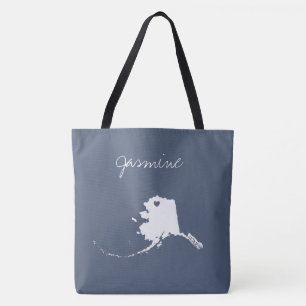 Alaska state map with heart personalise name  tote bag