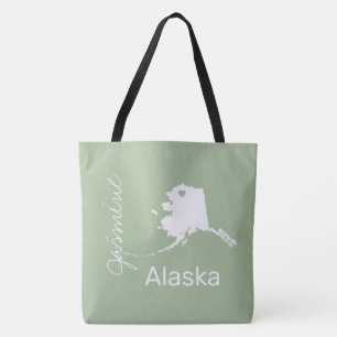 Alaska state map with heart personalise name tote bag