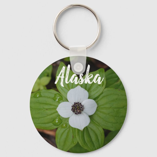 Alaska White Dogwood Flower and Ocean Mountain  Key Ring (Front)