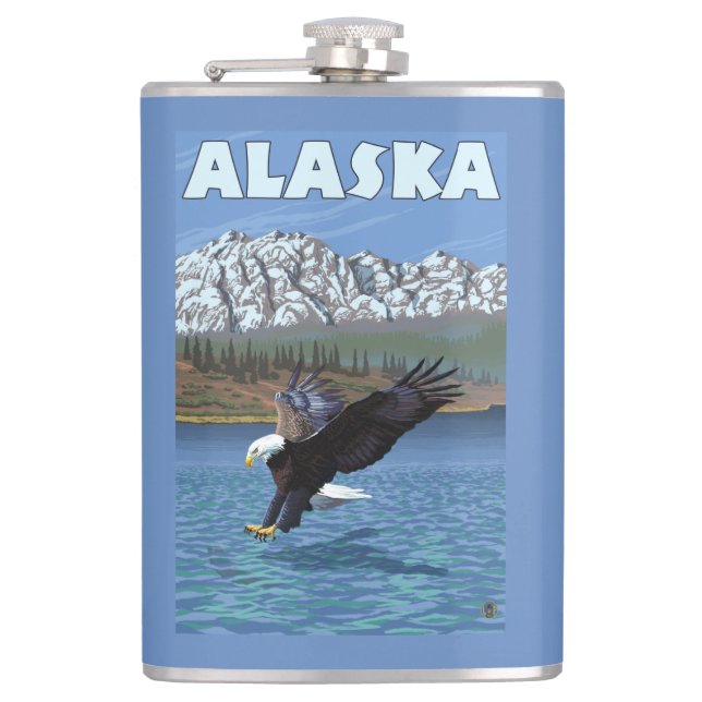 AlaskaBald Eagle Vintage Travel Poster Hip Flask (Front)
