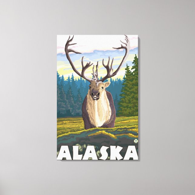 AlaskaCaribou in the Wild Vintage Travel Canvas Print (Front)