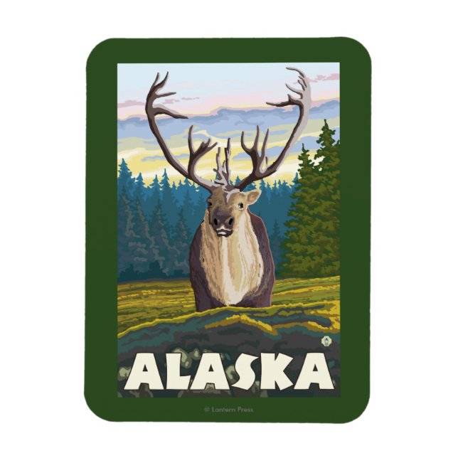 AlaskaCaribou in the Wild Vintage Travel Magnet (Vertical)