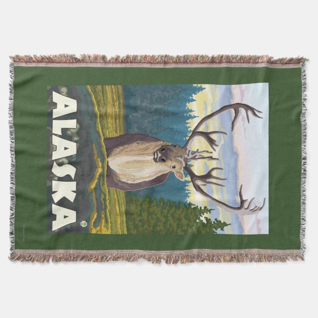 AlaskaCaribou in the Wild Vintage Travel Throw Blanket (Front)
