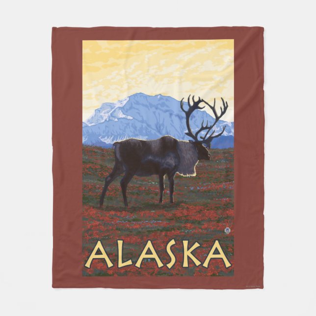 AlaskaCaribou Vintage Travel Poster Fleece Blanket (Front)
