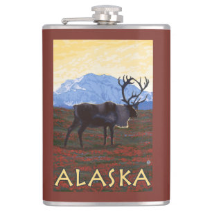 AlaskaCaribou Vintage Travel Poster Hip Flask