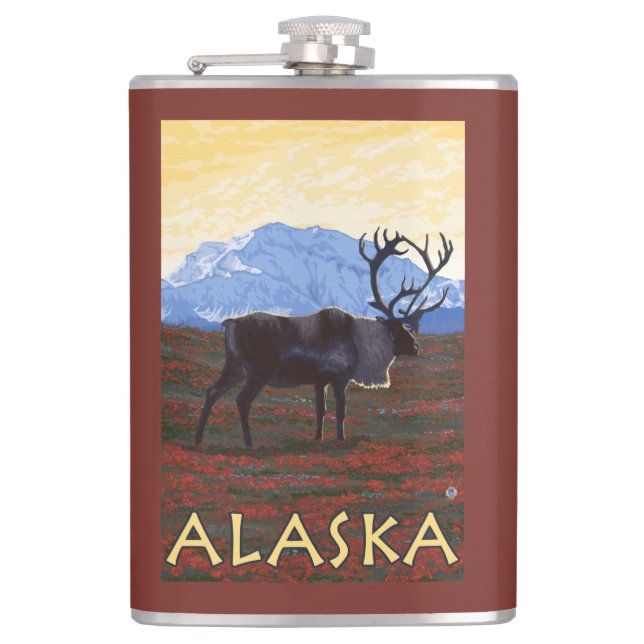AlaskaCaribou Vintage Travel Poster Hip Flask (Front)