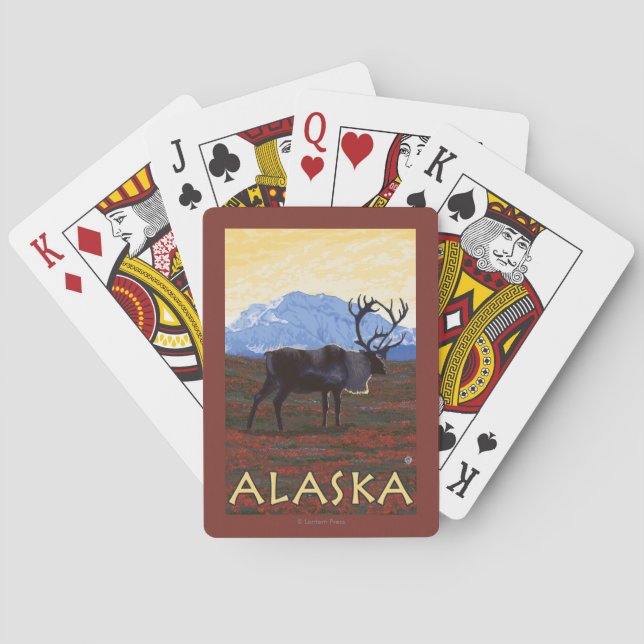 AlaskaCaribou Vintage Travel Poster Playing Cards (Back)