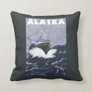 AlaskaCrab Boat Vintage Travel Poster Cushion