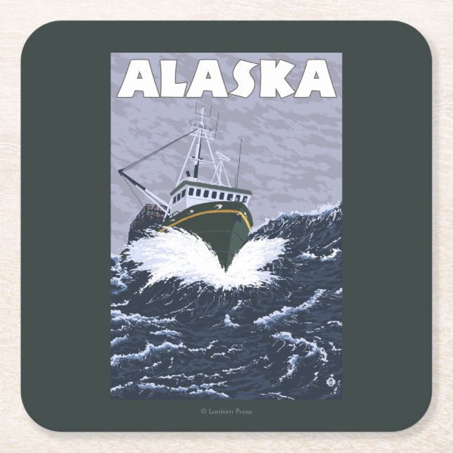 AlaskaCrab Boat Vintage Travel Poster Square Paper Coaster (Front)