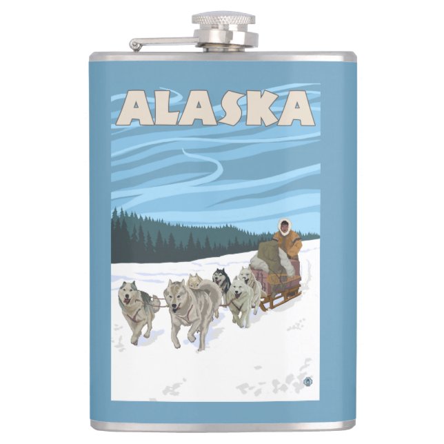 AlaskaDogsledding Vintage Travel Poster Hip Flask (Front)