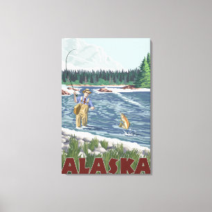 AlaskaFly Fisherman Vintage Travel Poster Canvas Print