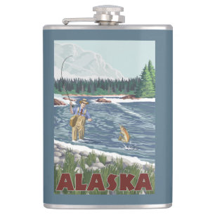 AlaskaFly Fisherman Vintage Travel Poster Hip Flask