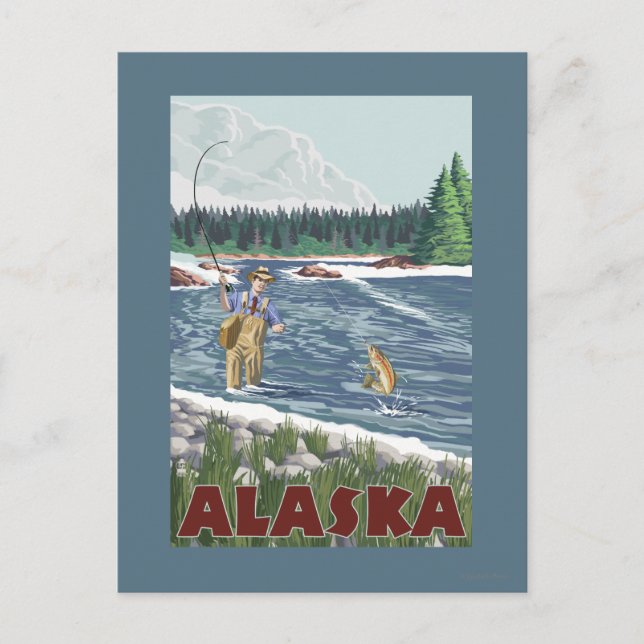 AlaskaFly Fisherman Vintage Travel Poster Postcard (Front)