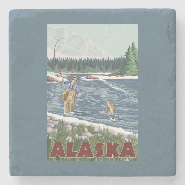 AlaskaFly Fisherman Vintage Travel Poster Stone Coaster (Front)