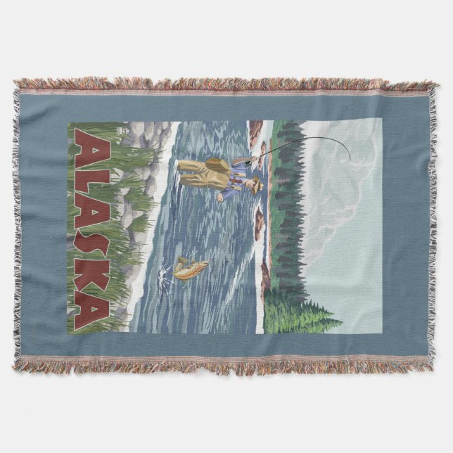 AlaskaFly Fisherman Vintage Travel Poster Throw Blanket (Front)