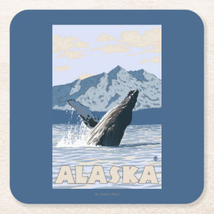 AlaskaHumpback Whale Vintage Travel Poster Square Paper Coaster