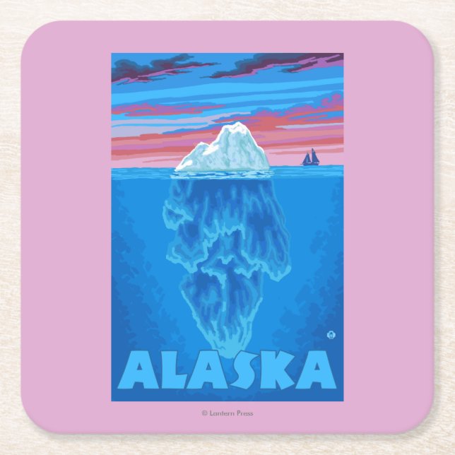 AlaskaIceberg Vintage Travel Poster Square Paper Coaster (Front)
