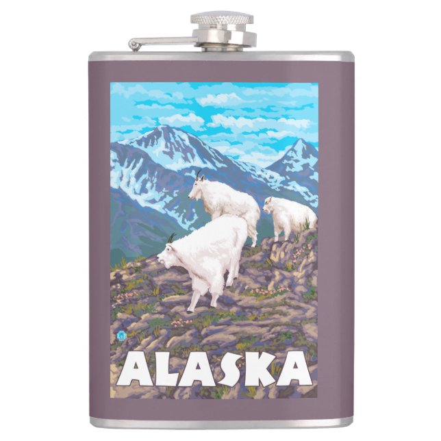 AlaskaMountain Goats Vintage Travel Poster Hip Flask (Front)